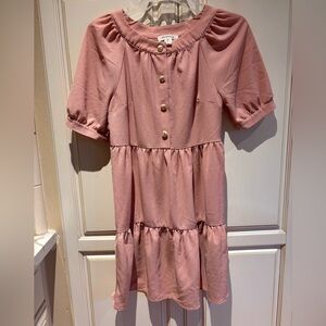 Monteau Blush Pink Dress with Gold Bow Buttons thin fabric